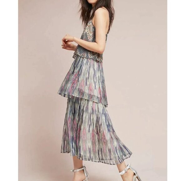 Anthropologie Floral Strappy Maxi Dress 2 Gray Pink Tiered Floral Boho Party - Picture 1 of 8